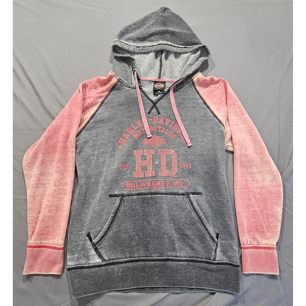 Harley-Davidson Hoodie Women Medium Grey Pink Sturgis Milwaukee Raglan